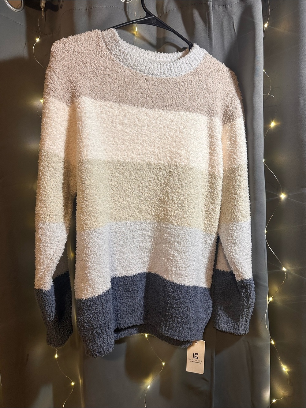 Cozy Striped Plush Crewneck Sweater in Cream, Beige & Dark Blue